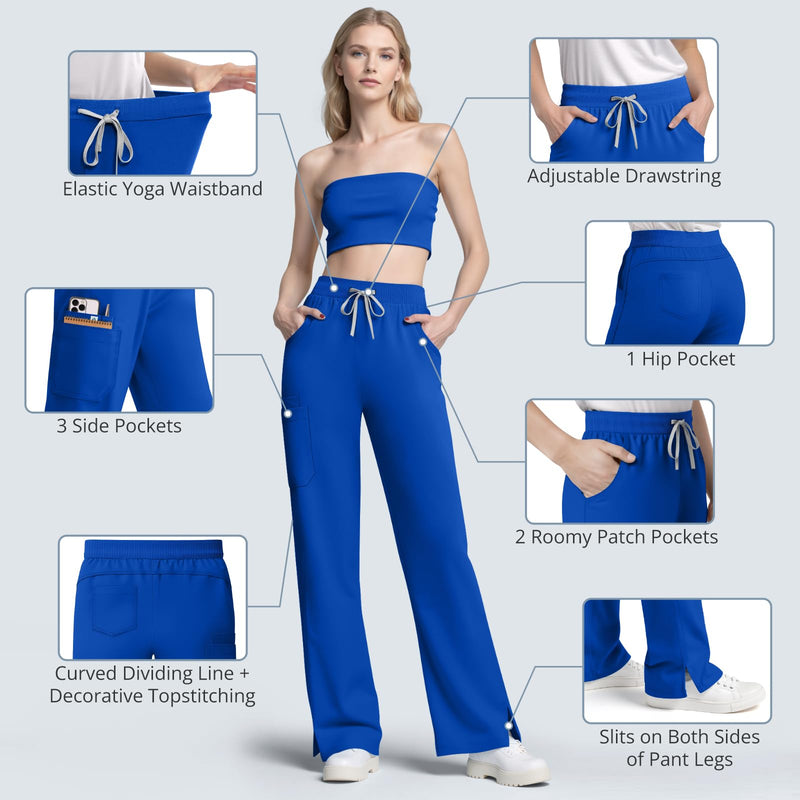 Women's Sleeveless Scrub Set,9-Pocket Straight Leg, Yoga Waist | Stand-up collar top, straight leg pants w/ side slits. Soft stretch knit. Yoga waist. Wrinkle-free. For nurses/docs/vets. Medium Royal Blue