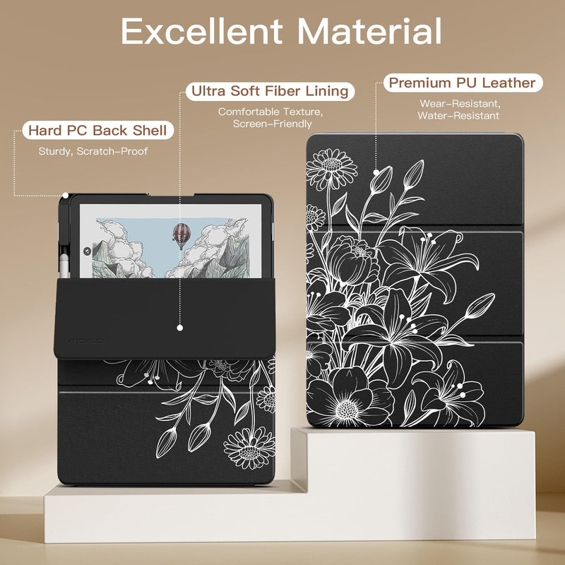 MoKo Stand Case for 11" Kindle Scribe 3rd& Colorsoft 2025, Line Flower | Premium Leather Trifold Stand Cover with Pen Slot, Auto Sleep/Wake,Water Proof