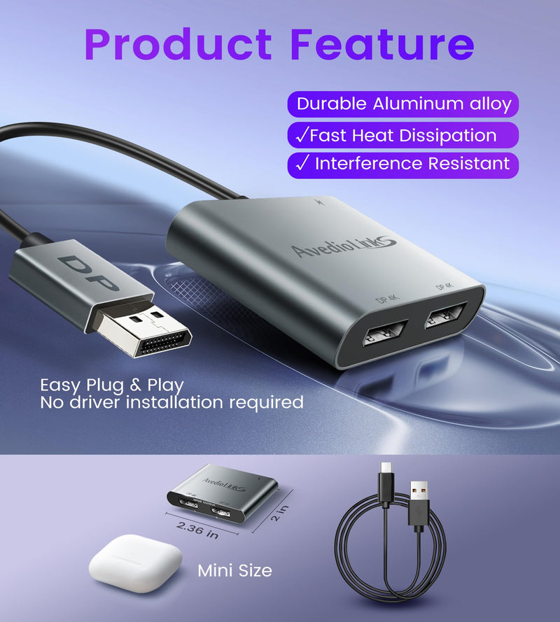 Display Port Splitter for Dual Monitors, Extended Display for Windows, Dual 4K@60Hz Displayport Splitter 1 in 2 Out, Single 4K@120Hz, DP 1.4 MST Hub Compatible with PC, Laptop, Graphics Card Gray