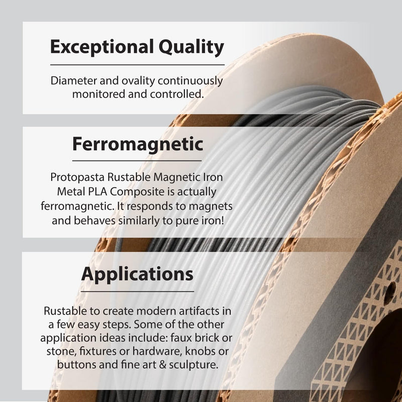 Protopasta Ferromagnetic Iron PLA 3D Printer Filament | ProtoPlant Metal-Filled PLA Plastic Printer Filament with 45% Iron | Patina Friendly Metal Composite Filament | 500g Metallic Spool 1.75mm Magnetic Iron Pla, 500g
