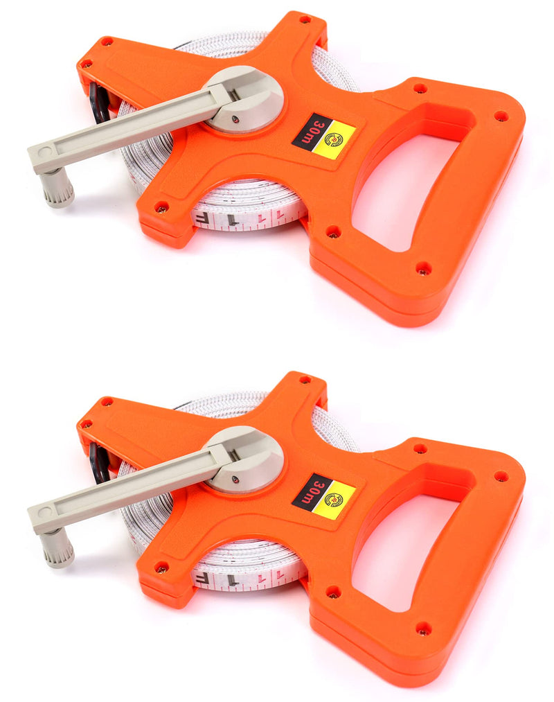 QWORK 1/2" x 100' Fiberglass Tape Measure, 2 Pack Engineer's Open Reel Dual Sided Measure, Orange Orange - 2 pack 100 ft