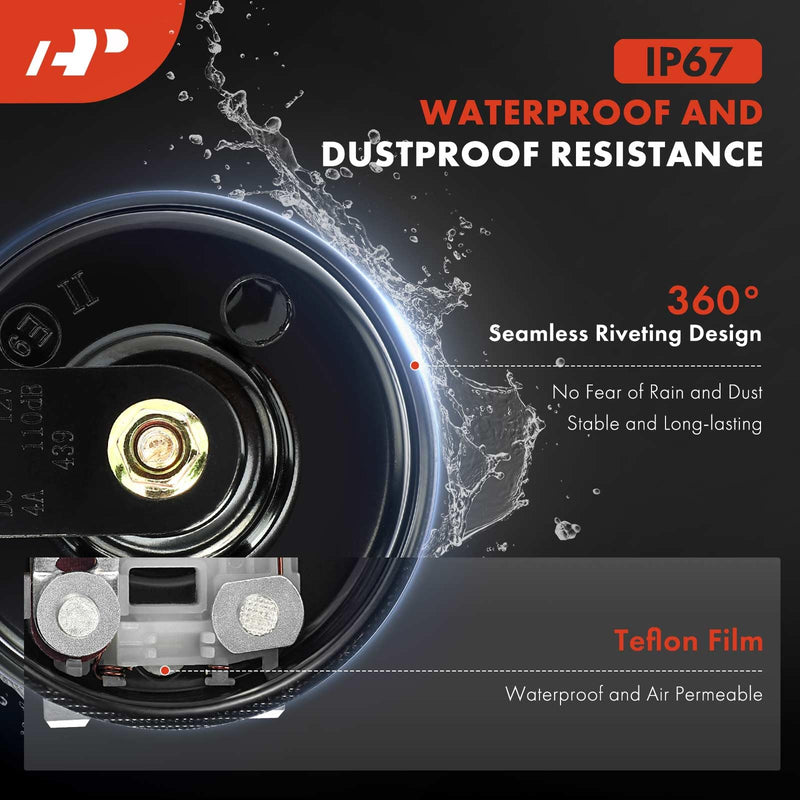 A-Premium - Disc Horn 2PCS High & Low Universal Electric Horns - 12V 110 dB - Compatible with Passenger Car, Commercial/Off-Road Vehicle, Motorcycles, ATVs, Scooter, Dirt/Pocket Bikes & More, 76 mm