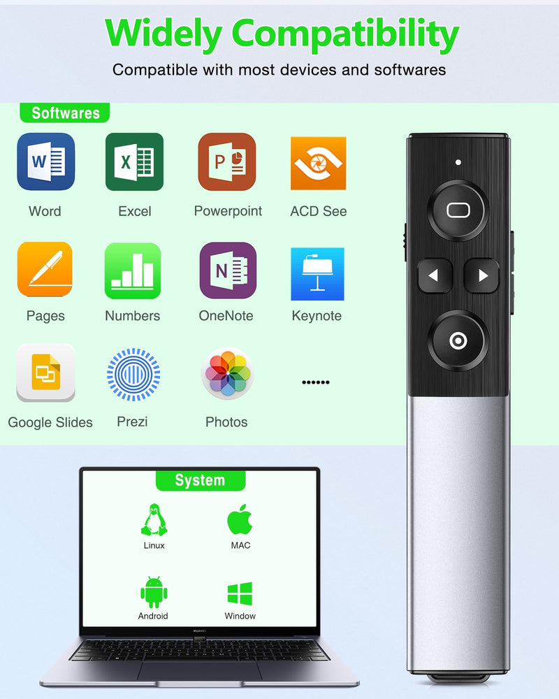 Wireless Presentation Clicker- Clicker for Powerpoint Presentations- Rechargeable Presentation Remote, Slide Advancer for Keynote/PPT/Mac/PC/Laptop Green Light-Rechargeable & Metal