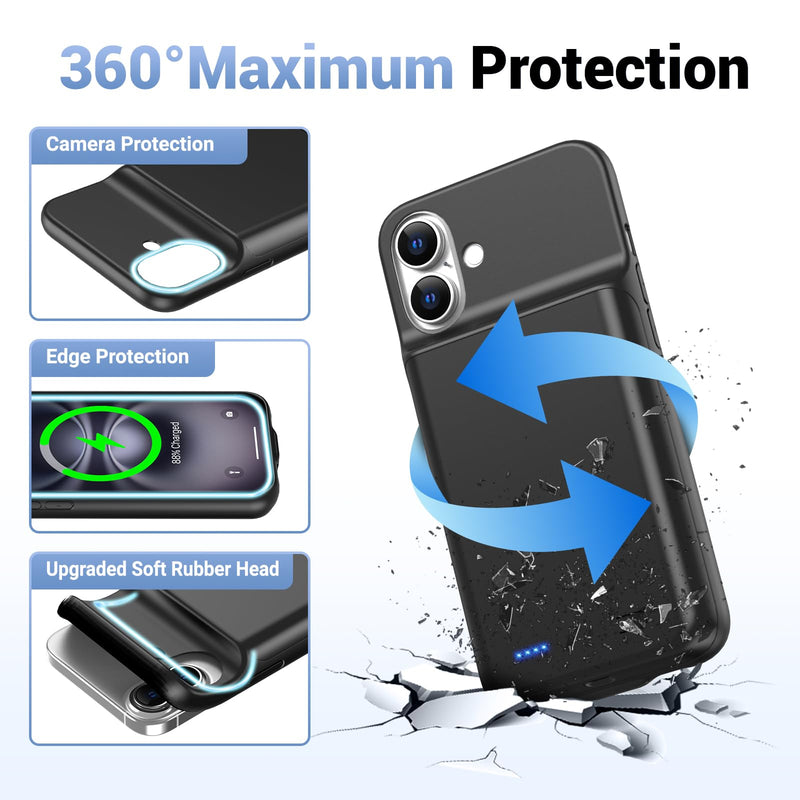 Battery Case for iPhone 16, [2026 Upgraded] 7000mAh Ultra-Slim Portable Charging Case Rechargeable Extended Battery Pack with Tempered Glass Screen Protectorfor iPhone 16 (6.1inch), Black for iPhone 16 (6.1inch)
