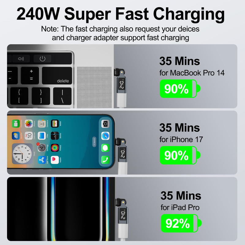 Magnetic USB-C Adapter 240W, LED Power Display, 9-Pin Connector | 360° Rotation & 180° Foldable Design, 90° Right Angle Magnetic Adapter for MacBook, iPhone 15/16/17, Samsung, Laptop & Tablet