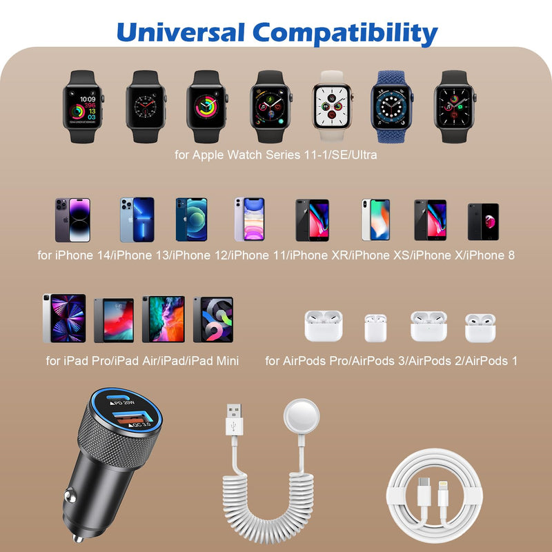Car Charger for Apple Watch 38W iPhone Car Charger Fast Charging Adapter | Dual Port Charging Adapter(PD&QC3.0)with iWatch Cable,6FT USB C to Lightning Cord for iWatch Series 11/10/9,iPhone 14 13 12