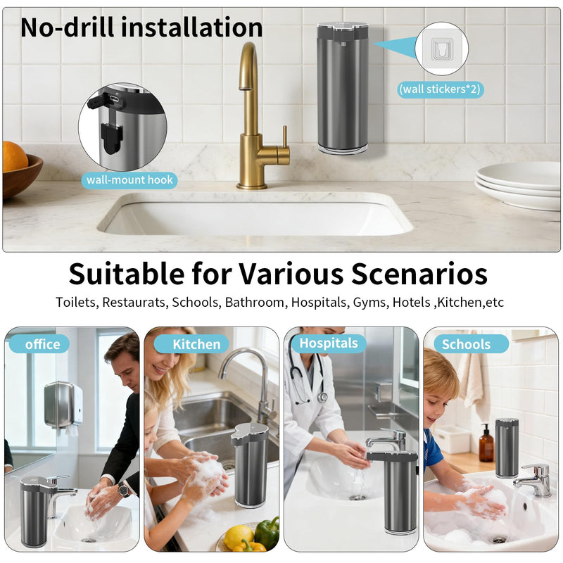 Automatic Liquid Soap Dispenser, 12oz Rechargeable Touchless Hand Soap Dispenser, 4 Levels Adjustable Infrared Sensor Dish Soap Dispenser for Bathroom,Kitchen,Hotel St-01 Liquid Gray