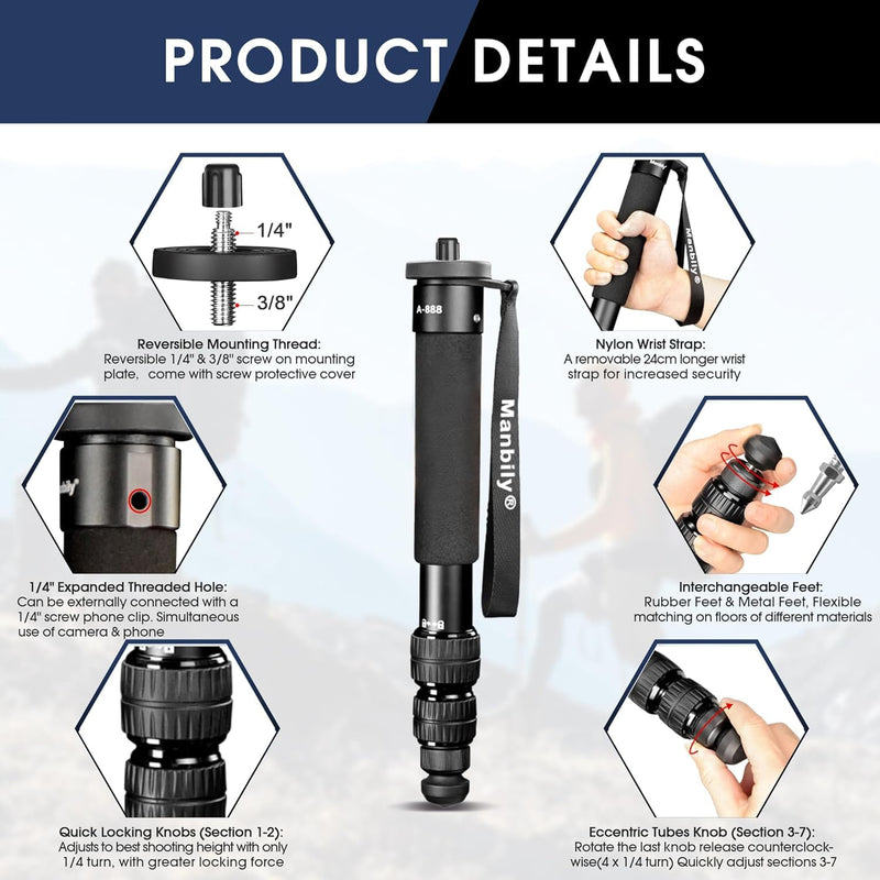 A-888 Camera Monopod, Length 32cm - 156cm, Aluminum Monopods for Cameras 7 Sections, Compact Travel Portable Selfie Stick for DSLR Smartphone Concert Festival