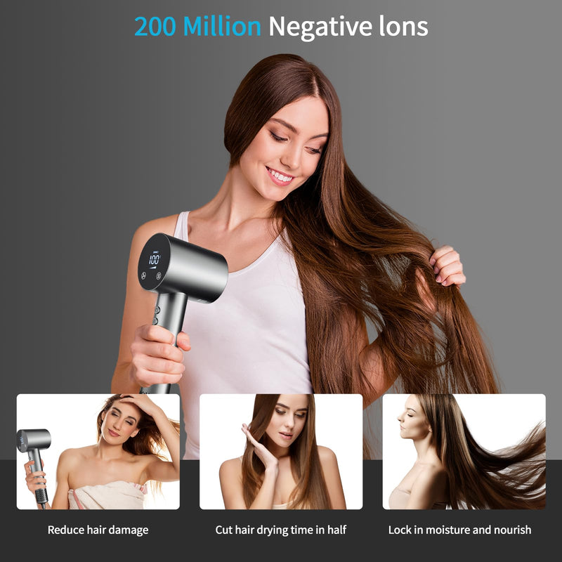 Hair Dryer Hairdryer Hairdryers for Women Ionic Hair dryers 1500W | Hair Dryer Hairdryer Hairdryers for Women HD Display Temperature Touchscreen Low Noise Ion Hair Dryer 4 Temperature Settings Grey