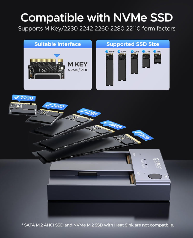 ORICO M.2 NVMe Docking Station Dual-Bay SSD Cloner USB A/C to NVMe SSD Enclosure Aluminum M.2 Duplicator for PCIe M-Key SSDs Max Up to 8TB Tool Free-M2P2