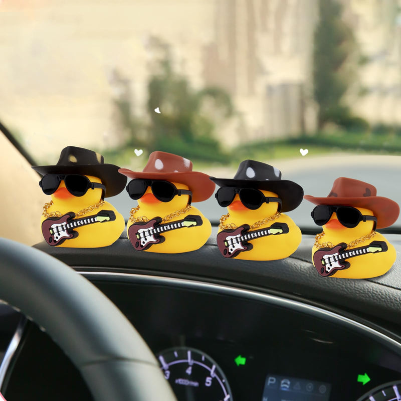 wonuu Rubber Duck Car Ornaments Guitar Duck Cool Car Accessories Car Dashboard Decorations with Cowboy Hat Necklace and Sunglasses, Black&White