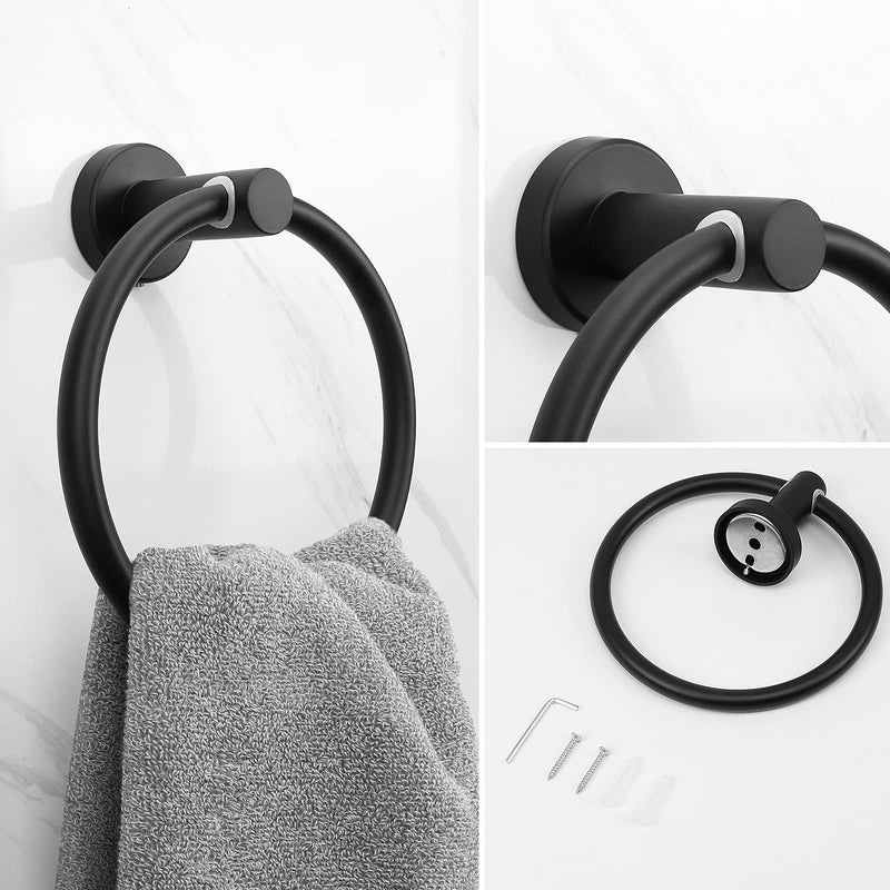NearMoon 3 Pieces Bathroom Hardware Set, Bath Towel Ring and 2 Towel Hooks- Stainless Steel Hand Towel Hanger and Robe Hooks Accessories, Wall Mounted (Matte Black) Matte Black