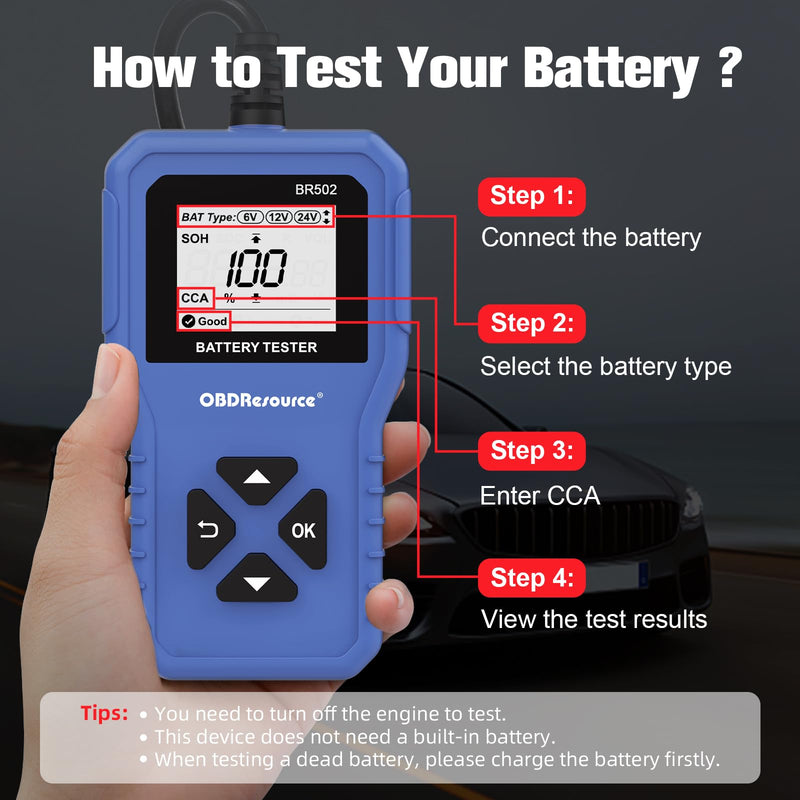 Car Battery Tester 6V 12V 24V Battery Voltage Tester, BR502 100-2000 CCA 2Ah-220Ah Internal Resistance Tester Automotive Accurate Digital Auto Battery Analyzer for Car Truck Marine Motorcycle SUV Boat Blue