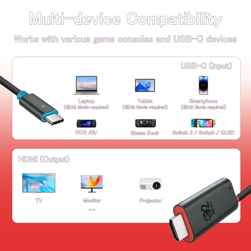 for Switch 2 Dock HDMI Adapter, 4K@60Hz TV Output, PD 100W USB-C Fast Charging, Type-C to HDMI Cable Compatible with Switch 2/OLED/Steam Deck/ROG Ally/Laptops/Phones 6.6FT