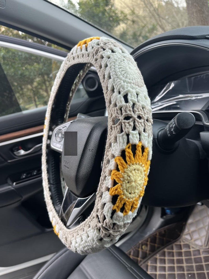Handmade Crochet Sun Moon Car Steering Wheel Covers Universal 14-15 inch,Cute Steering Wheel Cover,Car Accessories (Steering Wheel Cover)
