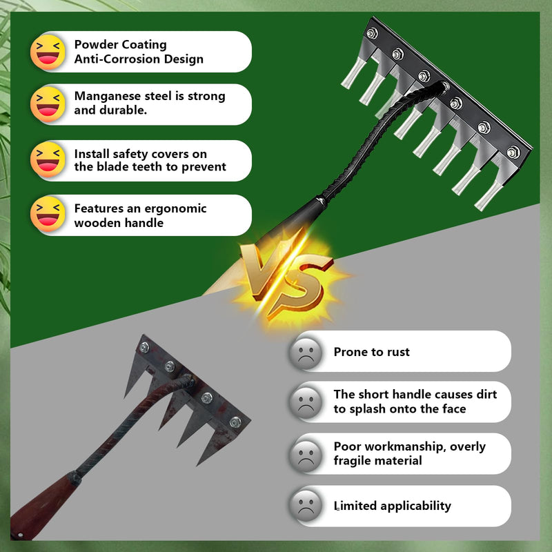 Upgraded Cultivator rake, Spray-Coated Rust-Proof Manganese Steel Weed rake, and 8-Tines Garden Weed Puller Tool with Wooden Handle — All for Lawn and Garden, Ideal gardinia uprooting Tool.