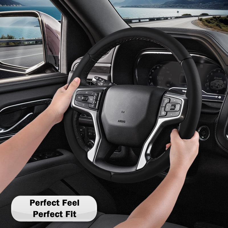 Steering Wheel Cover for Chevy Silverado 1500 2019-Present/ 2500 3500 2020-Present/Blazer 2019-Present (Gasoline Models)/ Suburban Tahoe 2021-2024, Car Steering Wheel Cover Accessories for Chevrolet Black Leather For Silverado 1500 2019-Now