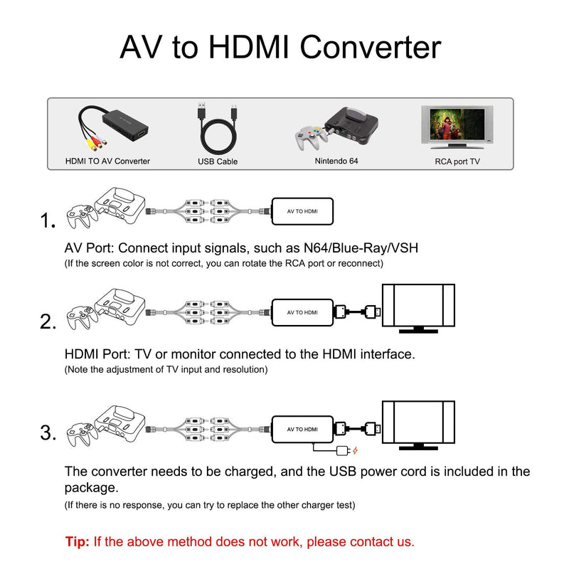 RCA to HDMI Converter AV/CVBS to HDMI Video Audio Converter for N64, PS2, PC, Laptop, Xbox, VHS, VCR, Camera DV ect. RCA to HDMI Converter