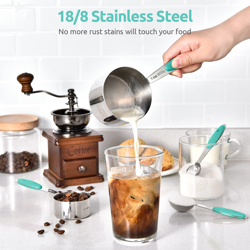 Measuring Cups and Spoons Set: U-Taste 18/8 Stainless Steel 12 Pieces Metal Stacking Kitchen Baking Cooking Food Measure Set 7 Cups 5 Spoons with Strengthened Weld Joints (Aqua Sky) Aqua Sky