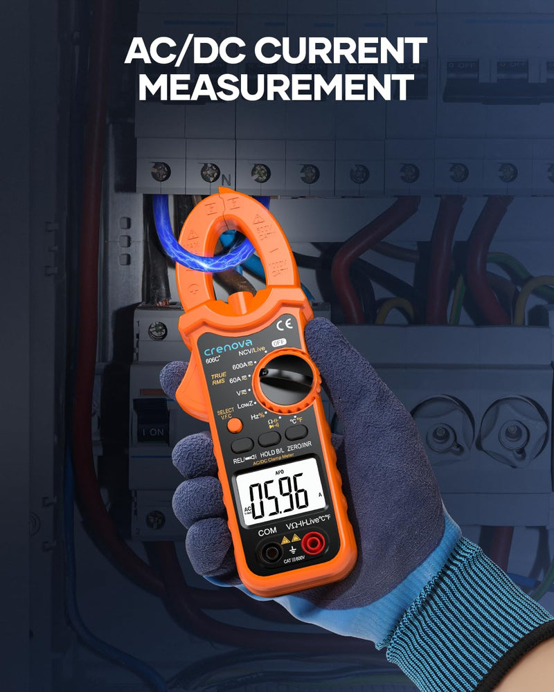 Crenova Digital Clamp Meter Multimeter 6000 Counts TRMS Voltage Tester Amp Meter for AC/DC Current/Voltage,Resistance,Capacitance,Frequency,Duty Cycle,Temperature,Continuity,Diode,NCV,Live Wire Test