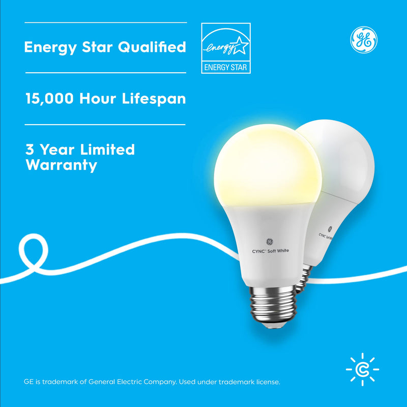 GE CYNC A19 Smart LED Light Bulbs, Soft White, Bluetooth and WiFi Light Bulbs, 60W Equivalent, Work with Amazon Alexa and Google Home (4 Pack) 4 Pack