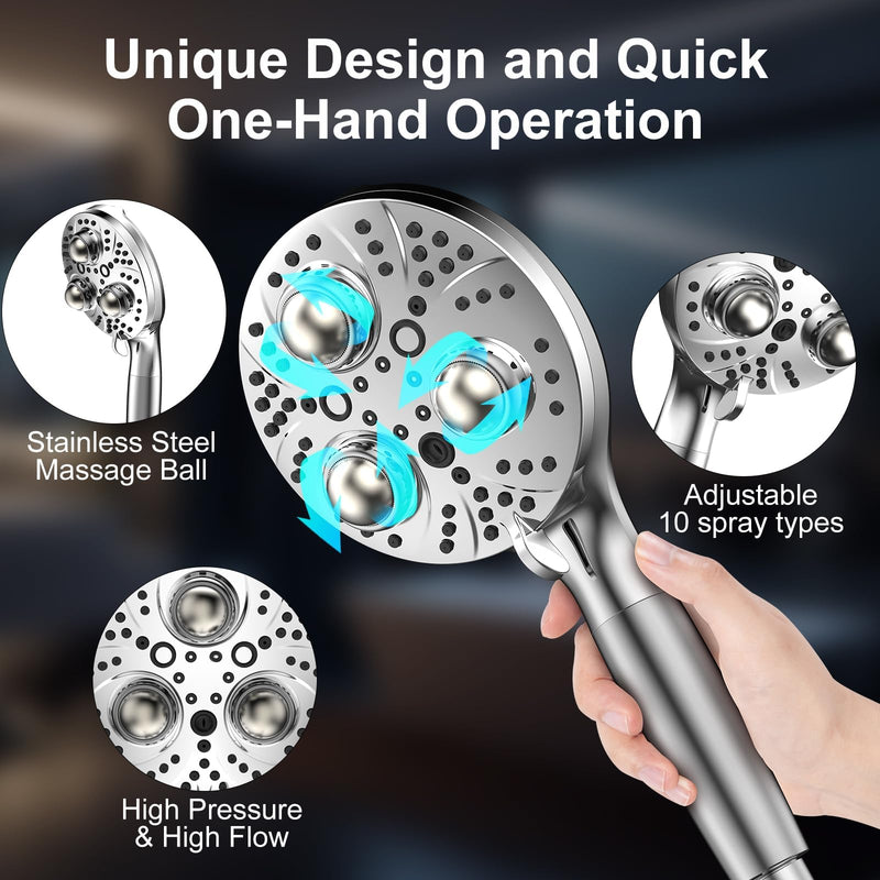 Filter Handheld Shower Head for Residual Chlorine Remove,10-Spray Modes Massage Showerhead, Large Powerful Handheld Showerhead with 79in Hose Detachable (Premium Chome) Premium Chome