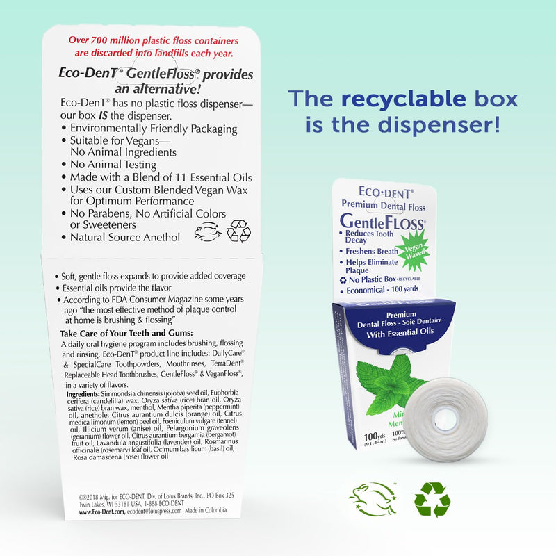Eco-Dent GentleFloss Dental Floss, Waxed, Mint - Floss with Vegan Plant-Based Wax, Recyclable Cardboard Packaging, 100 Yds Ea (Pack of 6) 300 Foot (Pack of 6)