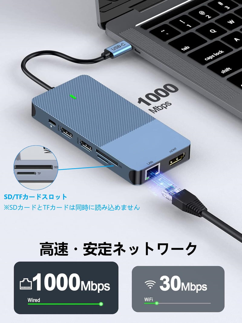12-in-1 USB C Docking Station, 100W PD Charging, 4K Triple Display (HDMI/DP), Gigabit Ethernet, USB 3.1 Gen2 (10Gbps), SD/TF Card Reader, for MacBook/Dell/HP/Lenovo/Xiaomi/Huawei Type-C Devices