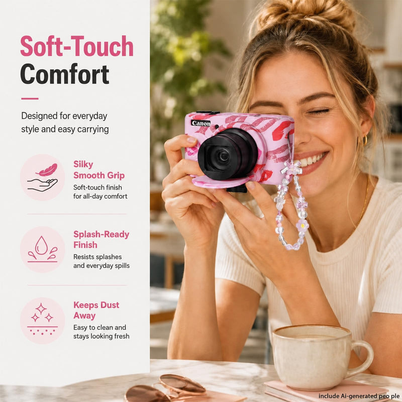 Cute Camera Case for Canon PowerShot SX740 HS/SX730 HS,Silicone Protective Cover with Removable Lens Cap,Wrist Strap & 2 Pack Tempered Glass Screen Protector for Women (Pink Lips) Pink Lips