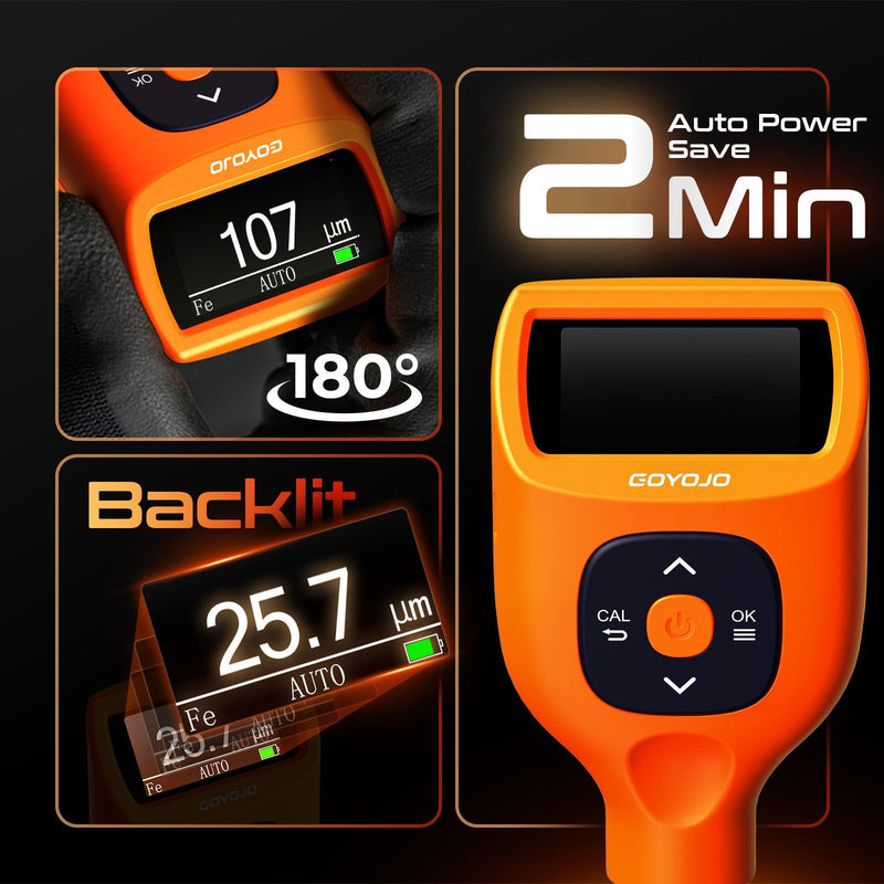 GOYOJO Paint Thickness Gauge for Cars, 0-2000μm (0-79 mils) Coating Thickness Meter, Auto Fe/Al/Zn/Fe(C) Detection, 0.1μm Resolution, ±(2%+1μm) Accuracy for Paint Inspection CTG-1(Standard)