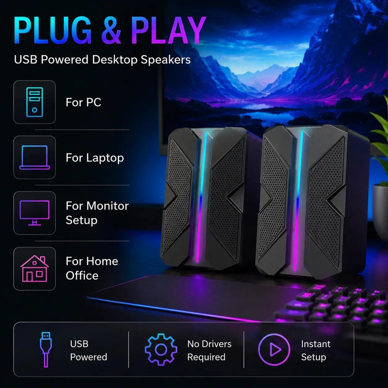 USB Computer Speakers with RGB Light, Compact Stereo Desktop Audio | Clear stereo sound with enhanced bass feel for music, movies, videos, meetings, and casual gaming.