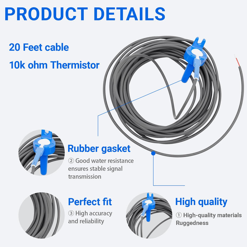 520272 Pool Temperature Sensor Thermistor Air/Water/Solar Replacement Kit for Pentair Jandy Pool/Spa Heater System Temperature Sensor 20 Feet Cable 2 Pack