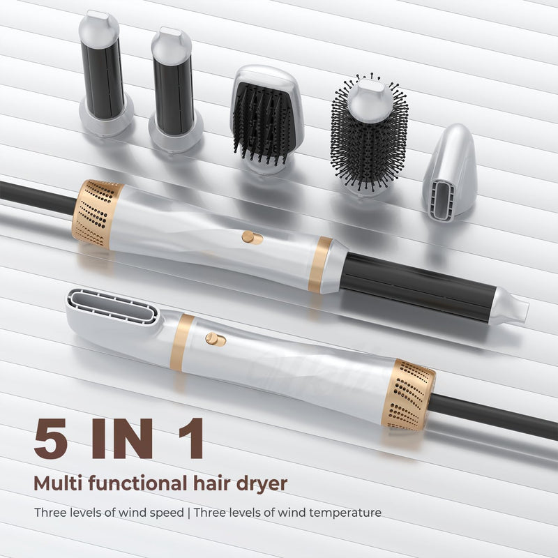 Hair Dryer Brush, 5 in 1 Blow Dryer Brush Set, High Speed Hot Air Styler, Auto Wrap Curlers for Frizz-Free Volume, Multifunctional Hair Dryer for Curling, Straightening, Volumizing (Platinum)