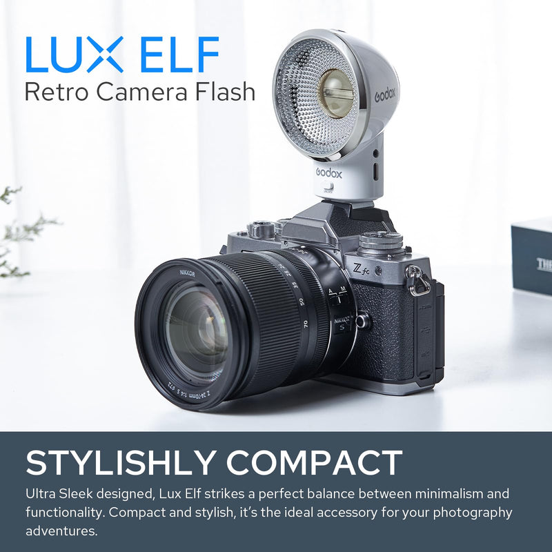 Godox Lux Elf Retro Camera Flash, GN6 6000K±200K CCT, 400 Flashes at Full Power, Built-in Lithium Battery, Support Type-C Charging, Compatible for Canon Nikon Sony Fuji Olympus Pentax Cameras