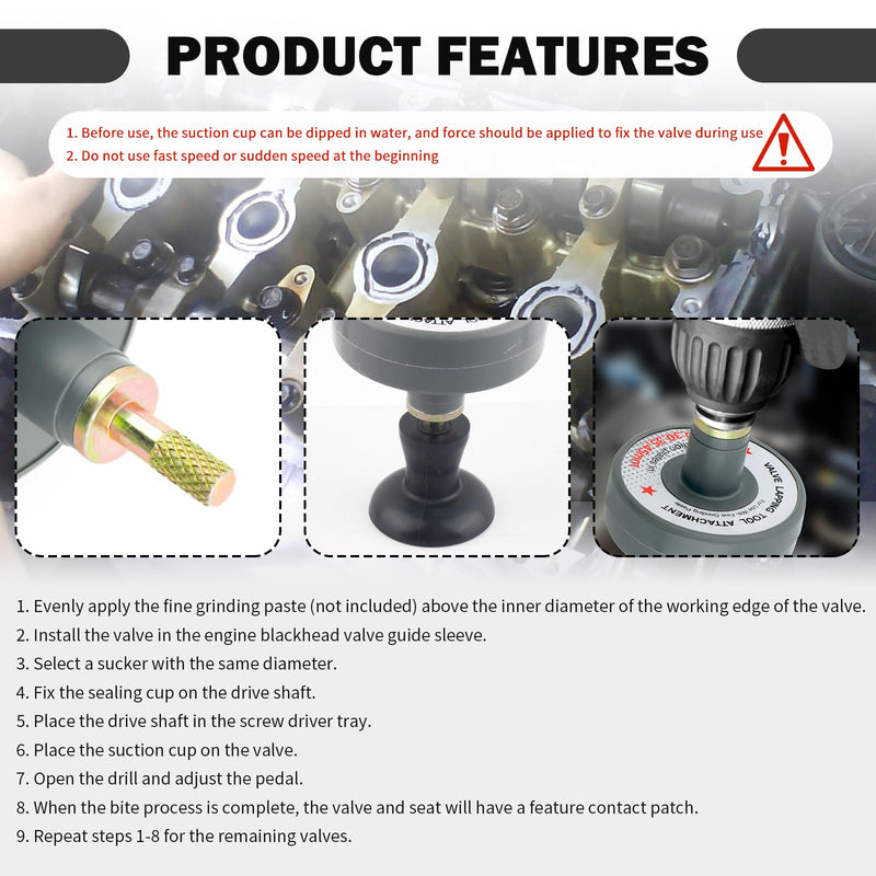 Valve Lapping Tool Kit with 5 Suction Cup Adapters,Durable Valve Lapping Kit with Maximum Working Ranges of 1000rpm to 1250rpm,Valve Grinding Tool for Valve Maintenance Repair Tool