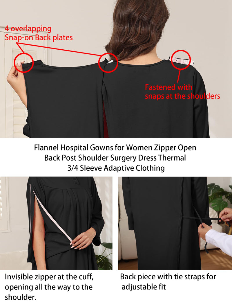 Flannel Hospital Gowns for Women Zipper Open Back Post Shoulder Surgery Dress Thermal 3/4 Sleeve Adaptive Clothing Black X-Large