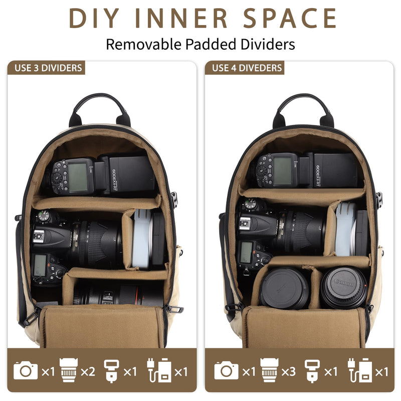 TAAOKA Camera Sling Bag, DSLR/SLR/Mirrorless Camera Backpack Case Shockproof Photography Backpack with Tripod Holder & Removable Modular Inserts Compatible with Canon/Nikon/Sony/Fuji Coffee Medium 9.06 x 5.12 x 15.16 inches