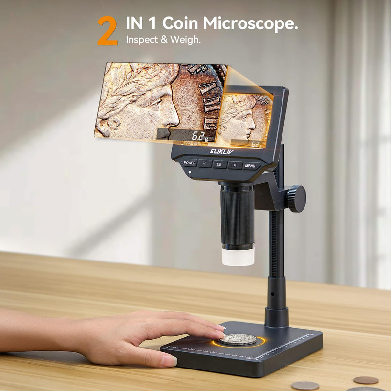 Elikliv EDM4C Coin Microscope with Scale：4.3" Digital Microscope with Adjustable LED, Error Coin Magnifier with Screen & Weighing Scope for Collectors, Jewelers, Students, Windows/Mac Compatible Gray