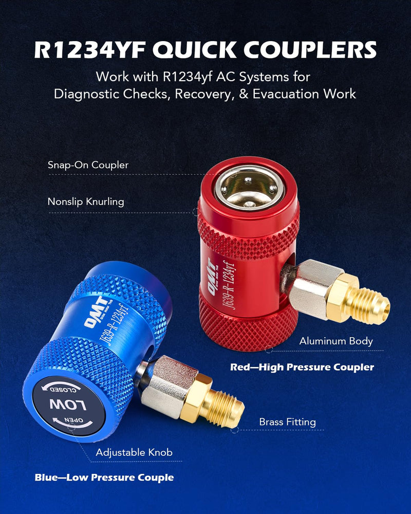 Orion Motor Tech R1234yf Quick Couplers Set, R1234yf Adapter Tool Kit with Self-Sealing & Puncture Can Tap, High & Low R1234yf Couplers Set with Valve Core Remover for 1/4" & 1/2" HVAC Charging Hoses