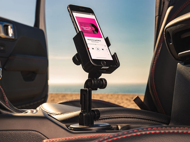 WeatherTech CupFone Two View with Extension – Adjustable, Universal Cup Holder Cell Phone Mount Car & Truck Accessory – Best Design for iPhone & Smartphone Charging – Black Plastic Knobs