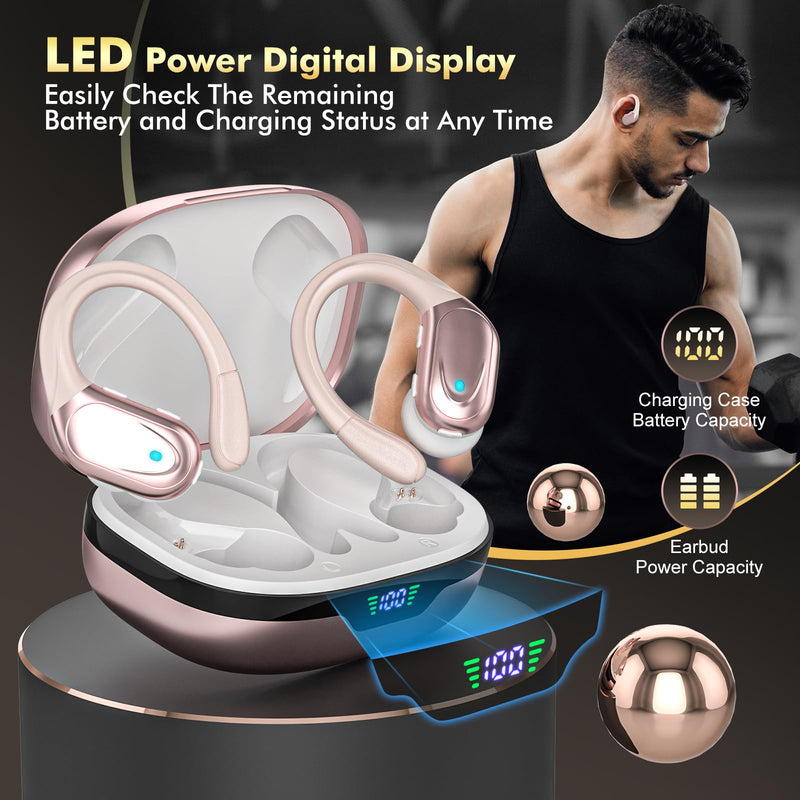 HAOYUYAN Wireless Earbuds, Sports Bluetooth Headphones, LED Power Display Ear Buds with 80Hrs Playtime, Noise Canceling Headset, IPX7 Waterproof Earphones for Workout/Running Rose Gold