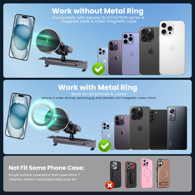 Magnetic Phone Mount Wireless Charging for RAM 1500 2500 3500 2013-2018 | Fits 2019+ RAM 1500 Classic | 20-Magnet Strong Hold | 15W Fast Charge | 360° Rotation | No Drilling | Metal | Easy Install Wireless Charge