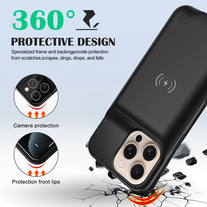 Battery Case Charger Made for iPhone 16 Pro, Type-C Ultra Slim Protective Charging Case, Wireless Slim 8500mAh Portable Rechargeable Charger - Black iPhone 16 Pro (6.1")