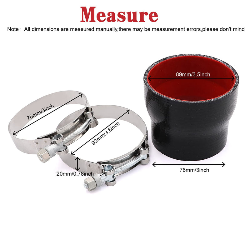 Straight Reducer Coupler Silicone Hose ID 3inch to 3.5inch 4-Ply with Stainless Steel T-Bolt Clamp for Turbo/Intercooler/Intake Piping 3"-3.5"