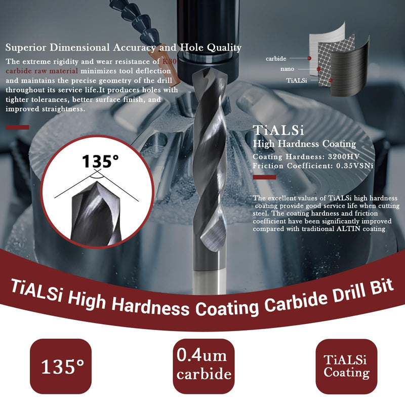 5/16 Carbide Drill Bit: Max 700 Holes for Hardened Steel Stainless Steel Hot Working Steel Metal CNC Tungsten Solid Carbide TiAlSi Coating Jobber Drill Bits 135° Point Angle TiALSi Coating （Black） 5/16 in