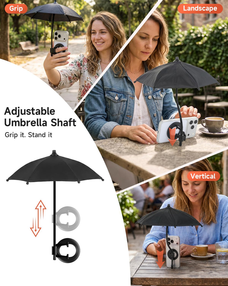 Magnetic Cell Phone Umbrella for Sun, Universal Anti-Glare Umbrella for iPhone UPF45+ Heat UV Protection, Outdoor Anti-Reflective Sun Visor for Cellphone/Android/Kindle Vacation Essentials Black