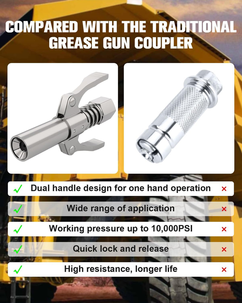 Grease Gun Coupler Grease Gun Tips Grease Fittings, Double Handles, Quick Lock Release, High Pressure 10,000 PSI, 6 Thickened Jaws Grease Coupler, Compatible with All 1/8" NPT Grease Guns Pro Version - 1 PC