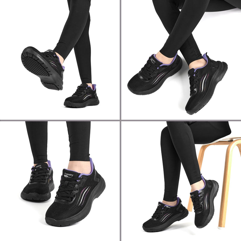 Treesky Black Non Slip Work Shoes for Women, Restaurant & Kitchen Sneakers | Slip resistant soles, lightweight cushioning, breathable knit, removable insole, for nursing, food service & long shifts 8 Black Purple