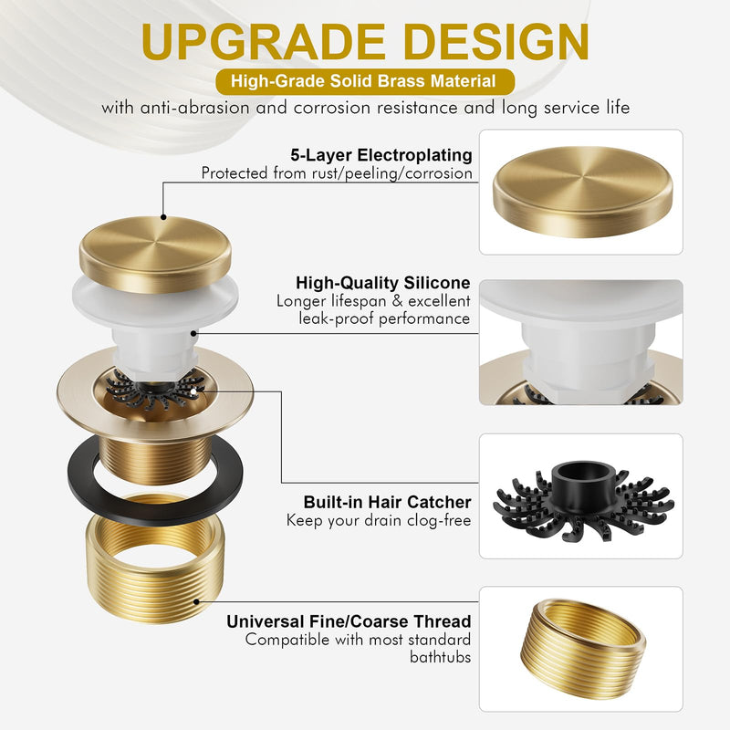 Champagne Bronze Bathtub Drain Stopper and Overflow Kit, Solid Brass Tip-Toe Bath Tub Drain with Hair Catcher - Universal Coarse/Fine Thread, Bathroom Bathtub Plug Replacement, 11.5/16 UNC Champagne Bronze