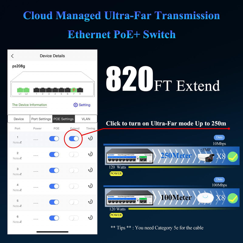 10-Port PoE Switch (8 PoE Ports@120W Built-in Power, 2 Uplink) with Extend Function, Managed Ethernet Switch, Plug & Play, Fanless Metal Design, VLAN, Qos,Desktop/Wall Mount 10 PoE Ports|Easy Managed